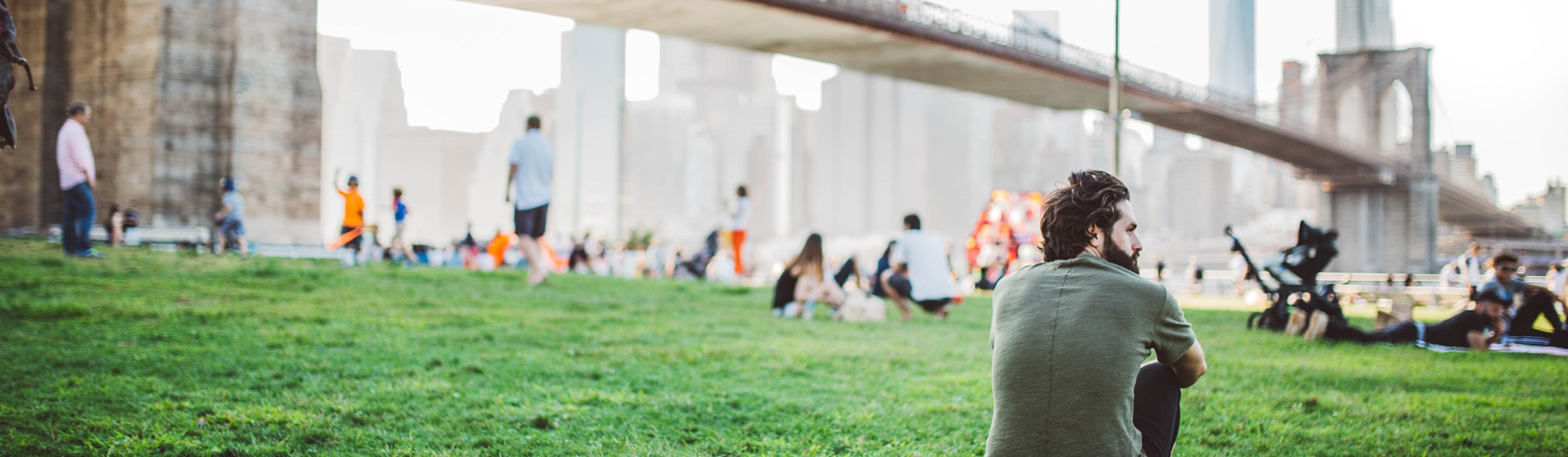 man sitting in a park beneath the Brooklyn Bridge