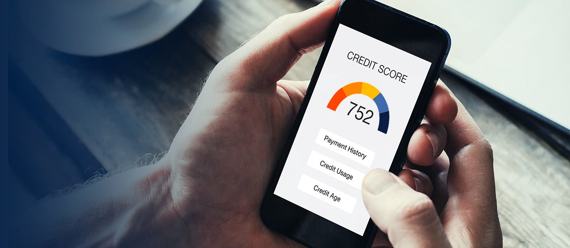  Phone screen showing a credit score with payment history, credit usage and credit age.