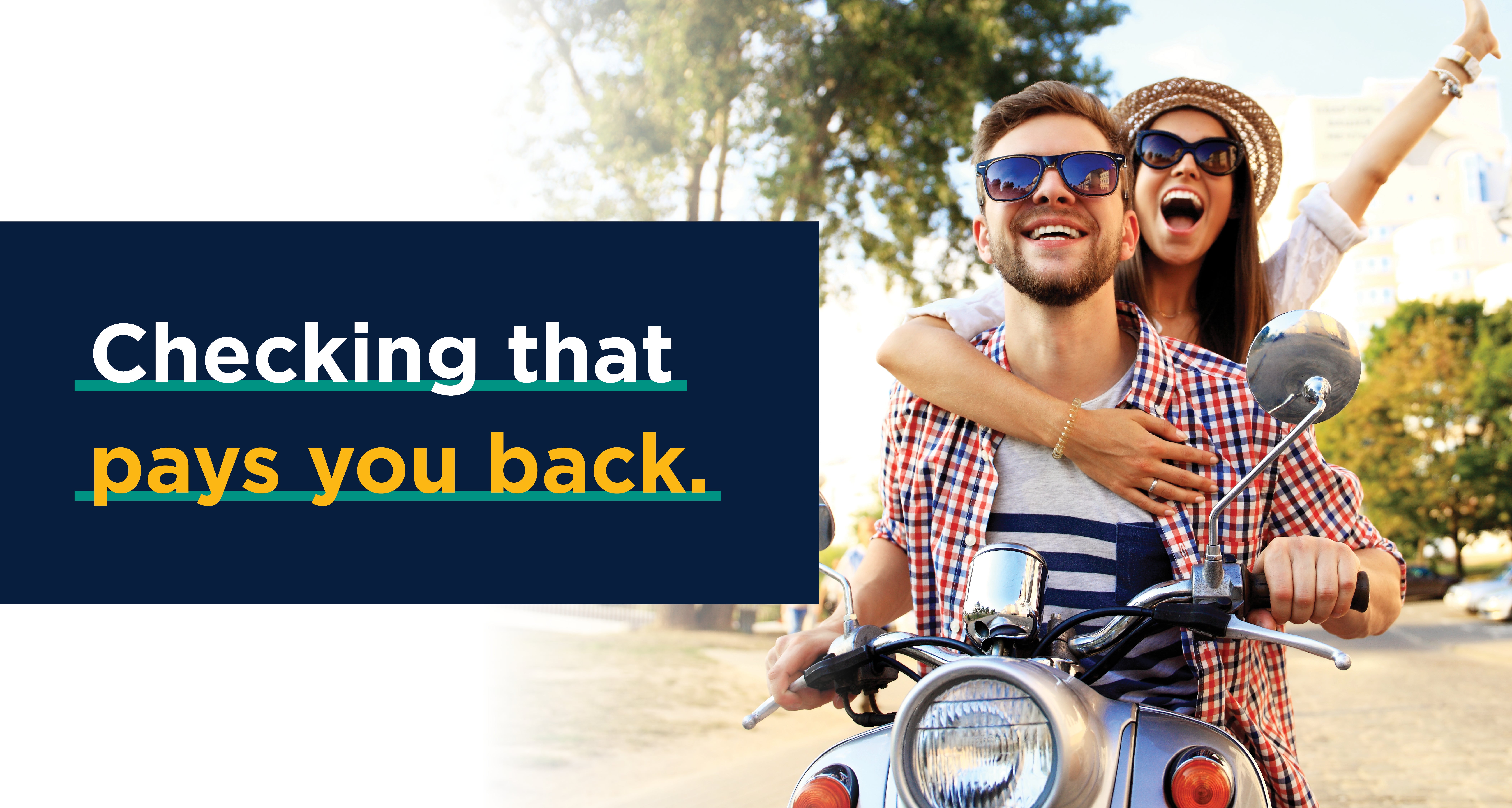 Man and woman riding a motorcycle, excited to learn about a high-yield checking account.
