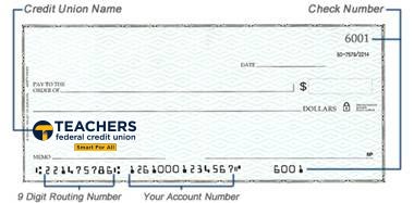 Teachers Federal Credit Union check highlighting different section of the check