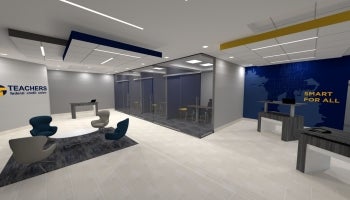 Rendering of Teachers Federal Credit Union’s new branch in Tampa, Florida including teller stations, meeting rooms, and a modern lobby.