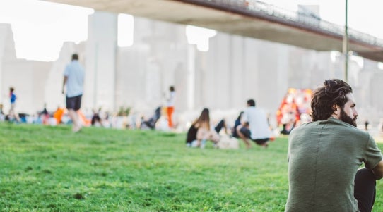 man sitting in a park beneath the Brooklyn Bridge